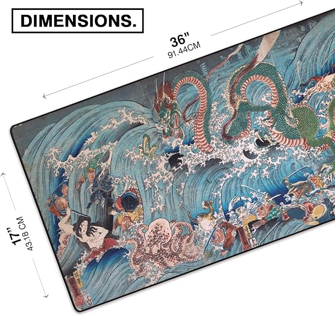 MPCO. Ukiyo-E Large Gaming Desk Pad - 36" x 17" Aeroglyde Fabric Dragon King Desk Mats - Washable, Smooth Glide for Precision Gaming & Work