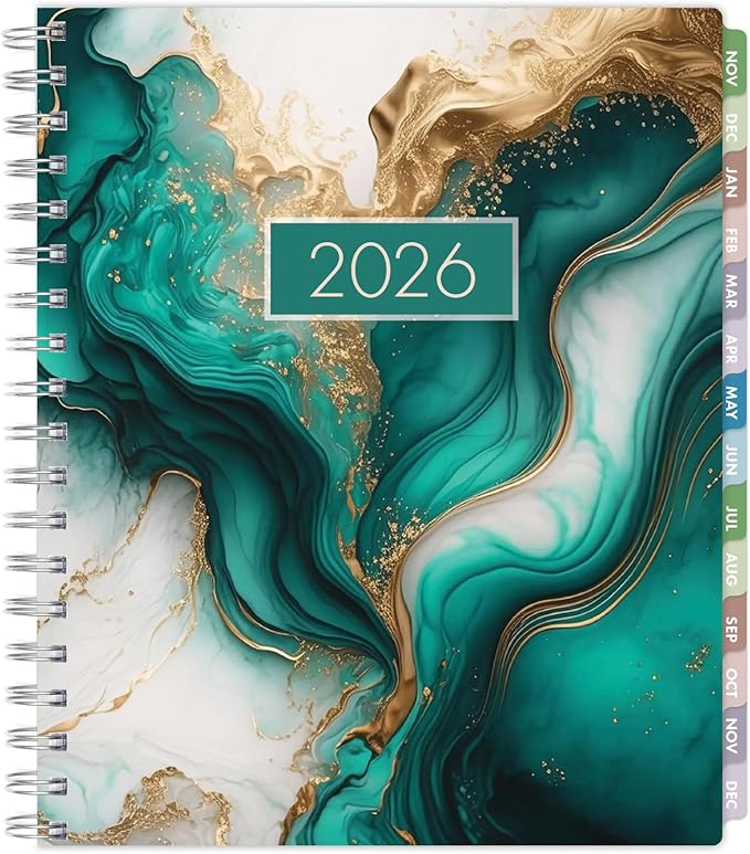 Essential PRO 2026 Daily, Weekly & Monthly Planner, 7"x9": 14 Months (Nov 2025 - Dec 2026) Monthly Tabs,Daily Tracking,Notes Pages,Storage Pocket,Bookmark w Sticky Notes (Teal Gold Marble)