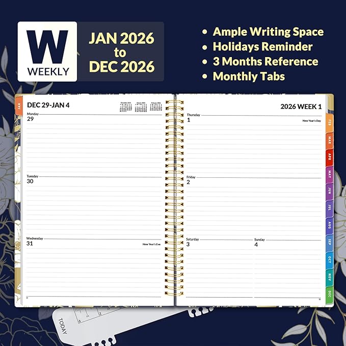 SUNEE 2026 Weekly and Monthly Planner - from January 2026 - December 2026, 8.5"x11" Daily Agenda Planner with Monthly Tab, Flexible Cover, Note Pages, Pockets, Bookmark, Spiral Binding, Dark Blue