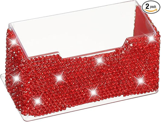 PATIKIL Rhinestone Business Card Holder, Crystal Business Card Holders Bling Business Card Organizer Display Stand for Desktop Desk Office Exhibition, Red