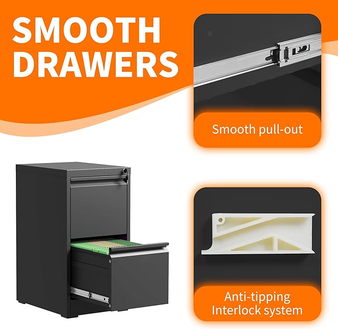 Metal File Cabinet with 2 Drawer Heavy Duty Home Office Steel Vertical Filing Lockable Cabinets for Legal/Letter Size,Assembly Required