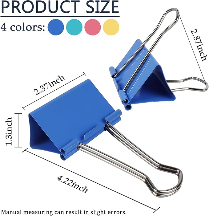 2.4-Inch Jumbo Colored Binder Clips, 12-Pack (4 Colors, 3 Pieces Each)