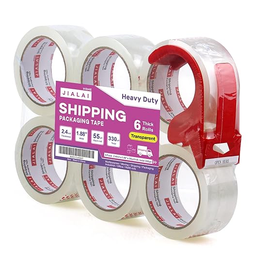 Heavy Duty Transparent Packing Tape,6 Rolls with Refillable Dispenser,Industrial Grade Packaging Tape for Shipping Moving Sealing,1.88 inches x 55 Yards Per Roll