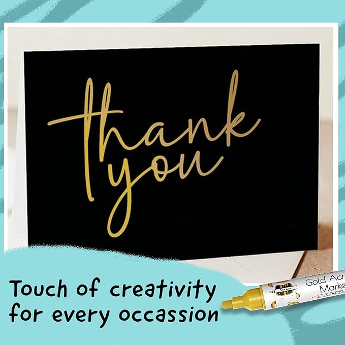 4 Dual Tip Gold Paint Pen Metallic - Fine Tip & Medium Acrylic Paint Markers - Gold Marker for Metal, Wood, Rock Painting, Canvas, Ceramic, Glass, Fabric, Leaf and Plastic - Water-based Ink