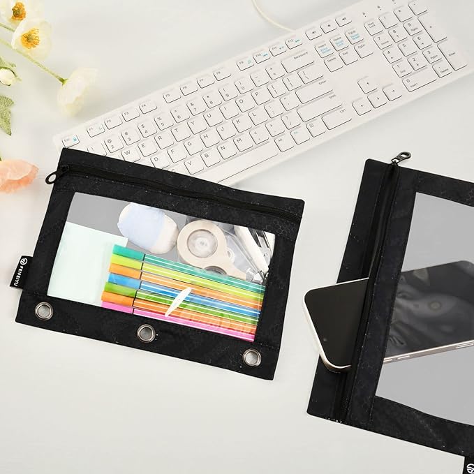 Gredecor Binder Pencil Pouch 3 Ring Black Zipper Pencil Pouches Case 2 Pack Clear Window Binder Organizer for School Office