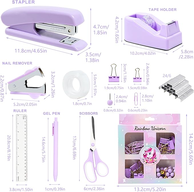 Desk Accessories with Pen Holder, Office Supplies Desk Organizers and Accessories, Tape Dispenser, Stapler, Staple Remover, Staples, Clips Set, Ruler, Scissor, Pen, Tape (Purple)