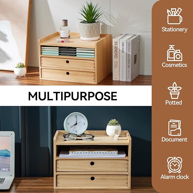 KIRIGEN Desktop Organizer with 2 Drawers and Tray - Wood Office Desk Storage Shelf for Office Supplies - Small Cabinet for Countertop Accessories Storage 3 Layer Natural（DT3D2C-NA）