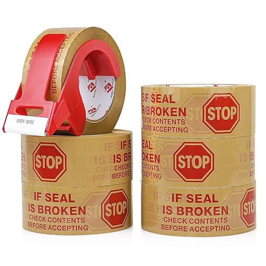 Stop Sign Sealing Tape Pre-Printed " IF SEAL IS BROKEN,CHECK CONTENTS BEFORE ACCEPTING" ,Heavy Duty Packing Tape with Dispenser 2 Inch x 110 Yards,Packaging Tape for Moving and Shipping (Brown)