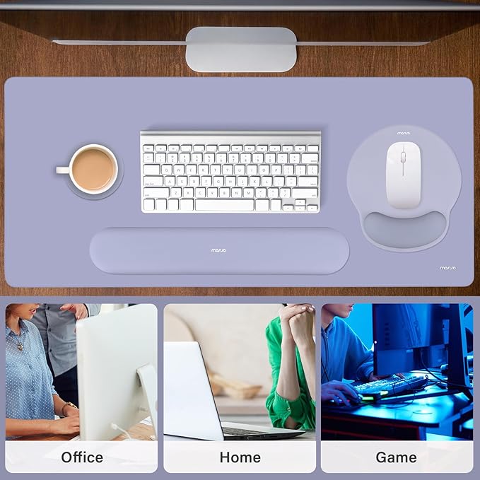 MOSISO Wrist Rest for Keyboard Mouse Pad Set,Large Gaming Deskpad&Circle Curved Mousepad&Keyboard Wrist Rest&Coaster,Ergonomic Non-Slip Mousepad&Easy Typing Pad with Curved Memory Foam,Lavender Gray