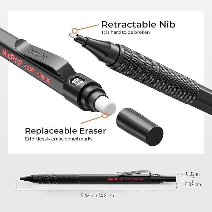 Nicpro 22PCS Art Mechanical Pencil Set, Black Artist Metal Drafting Pencil 0.5 & 0.7 & 0.9 mm & 2PCS 2mm Graphite Lead Holder(4B 2B HB 2H) for Drawing Writing Sketching With Lead Refills Erasers Case