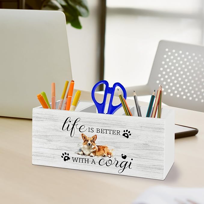 Corgi Gifts Pen Pencil Holder Organizer for Desk Accessories, Life Is Better With a Corgi Wooden Box Sign Desk Decor for Home Office Decoration, Dog Mom Lovers Owner Gifts for Women