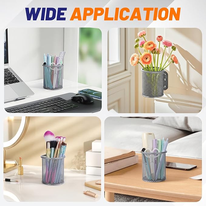 Segarty Pen Holder for Desk, 6 Pack Round Silver Pen Holder, Wire Mesh Pencil Cup Containers Set, Desktop Organizer for Office Supplies, School Classroom, Home, Makeup Brush