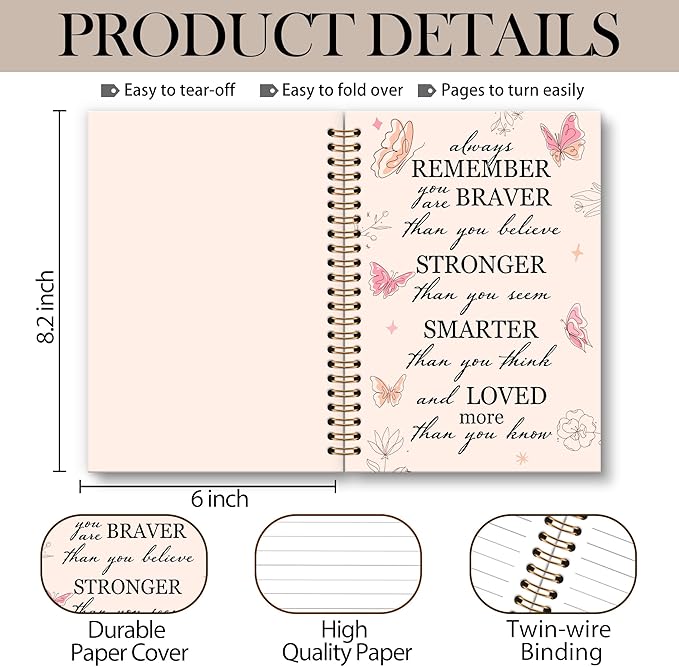 OINDADE Motivational Butterfly Notebook Journal, Inspirational Gifts Pink Spiral Notebook, You are Brave Motivational Notebooks Gifts for Women Girls, Positive Gifts School Office Supplies, 6x8.2In