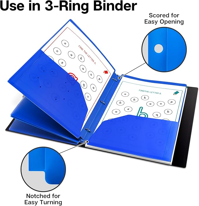 Dunwell Plastic 2-Pocket Folders for 3-Ring Binders, (3 Pack, Blue) 3 Hole Punched, Divider Folder for Notebooks, Durable Poly, Fits 8.5x11 Sheets, Includes Labels