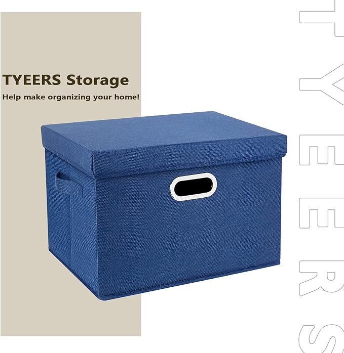 TYEERS Large Storage Bins with Lids, Collapsible, Washable, Fabric Storage Boxes for Organizing, 17.3x11.8x11.4 inches, 3 Pack, Classic Blue