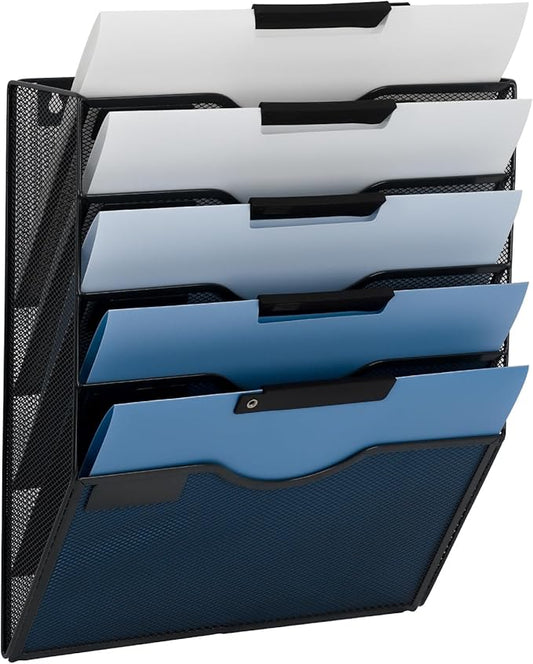 EASEPRES 5 Pocket Mesh Hanging Wall File Organizer, Wall Mounted Mail Paper Document Folder Holder, Clipboard Storage Organization Magazine Rack with Nametag Label for Office Home School, Black