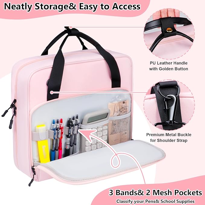 3 D-Ring Zipper Binder 2 Inch with Shoulder Strap, Waterproof Oxford Binder with Zipper Storage 500 Sheets Capacity, Multi-Pockets Organizer Bag for 13 Inch Laptop School& Office (Pink)