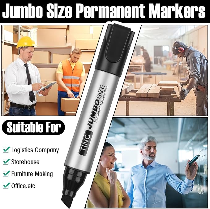 Fuutreo 16 Pcs Jumbo Size Permanent Markers Bulk Large Chisel Tip Permanent Markers Thick Waterproof Jumbo Pens Set Huge Poster Supplies(Black)