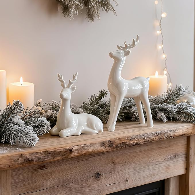 WDS WONDROUS Christmas Decoration Indoor Reindeer Figurines, Set of 2 White Christmas Reindeer Statues Decor, Ceramic Deer Sculptures Xmas Decorations for Table Top Winter Mantel Home Decor