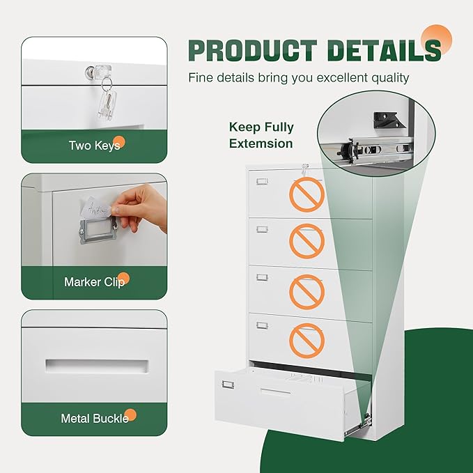 Letaya Lateral 5 Drawer File Cabinet with Lock,Metal Wide White Filing Cabinets for Home Office Storage A4/F4/Letter/Legal(Assembly Required)