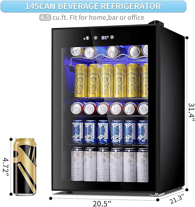 Antarctic Star Beverage Cooler 145 Can Mini Fridge Glass Door for Soda Beer Wine Glass Door Stainless Steel Small Drink Refrigerator Digital Display for Home, Office Bar,4.4cu.ft
