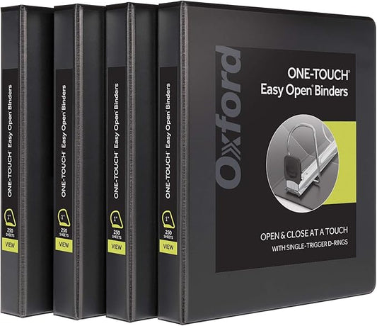 Oxford 3 Ring Binders, 1 inch ONE-Touch Easy Open D Rings, Durable Binders for School and Office, ClearVue, Xtralife Hinge, Non-Stick, PVC-Free, Black, Holds 250 Sheets, 4 PK (79903)