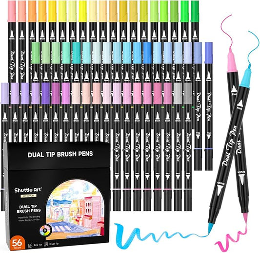 Shuttle Art Pastel Brush Pens, 56 Pastel Colouring Pens, Dual Tip Brush Markers with Fineliner Tip, Drawing Felt Tip Pens for Adults Colouring Books, Painting Sketching Calligraphy and Journaling