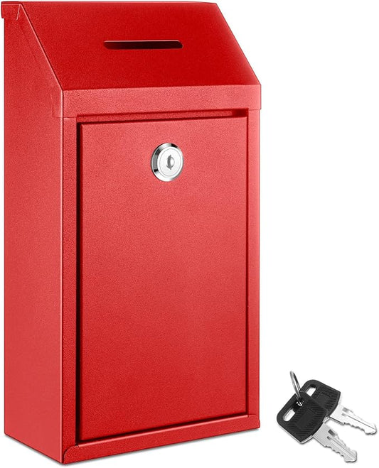 Metal Donation Cash Box Collection Safe Suggestion Box with Lock Wall Mounted Mailbox Delivery Ballot Container for Home Office Outdoor Door(Red)