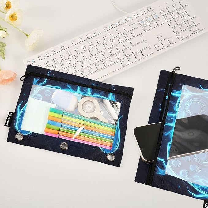 Joystick Gamepad Blue Flame Pencil Pouch for 3 Ring Binder, 2 Pack Waterproof Pencil Bags Clear Window Zipper School Office Supplies