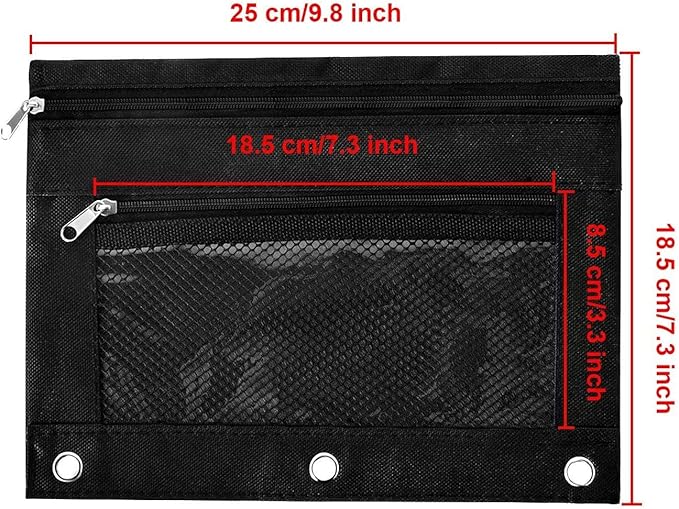 3 Ring Binder Pencil Pouchs, Zippered Pencil Pouch Double Pocket Pencil Pouch 3 Ring with Clear Mesh Window (Black 2pack)