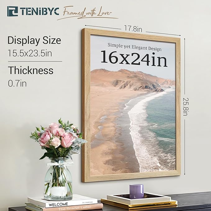 16x24 Poster Frame Set - 4 Pack, Natural Solid Wood Picture Frame, Elegant Wood Grain, Wall Gallery Photo Frame