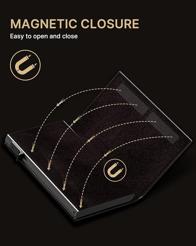 typecase Mens Wallet Card Holder: Pop Up Aluminum Case, Full Grain Leather, RFID Blocking, Smart, Slim, Minimalist, Front Pocket - 9-14 Card Capacity | ID Window | Cash Slot (Burnished Black)