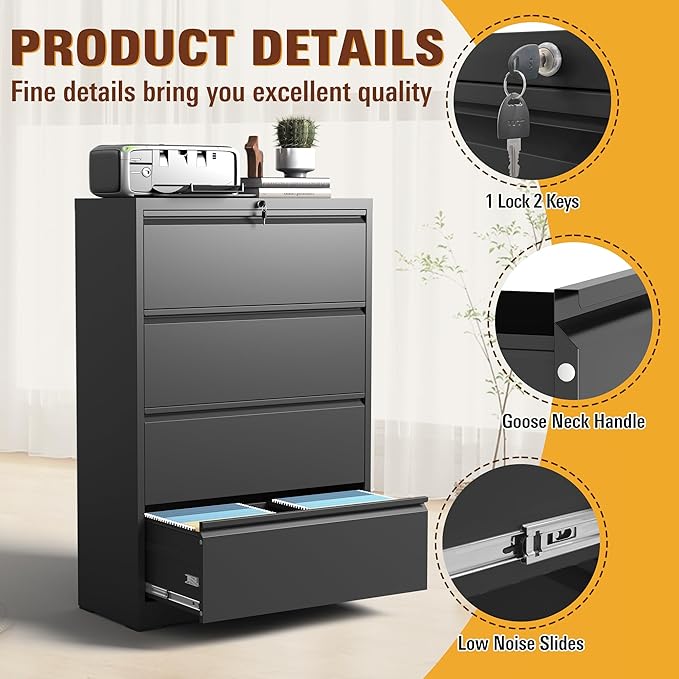 4-Drawer Lateral File Cabinet with Lock, Black Metal Filing Cabinet for Office or Home – Secure Storage for Letter/Legal/A4/F4 Documents, Easy to Assemble Locking File Organizer (Black, 4 Drawer-52"H)