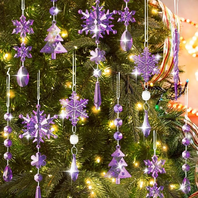 Lanpn 26 Pcs Christmas Ornaments Crystal Christmas Tree Decoration, Hanging Clear Acrylic Snowflake Icicle Drop Pendants for Xmas Winter Outdoor Indoor Party Decoration Purple