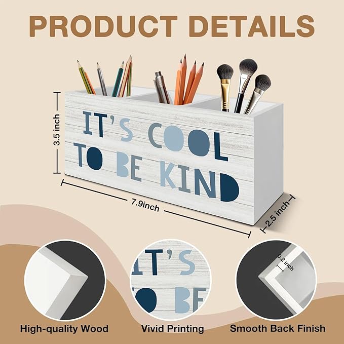 Boho Blue Pen Pencil Holder Organizer for Desk Accessories, Boys Room Decor, It's Cool to Be Kind Wooden Box Signs Decorations for Kids Boys Nursery Bedroom Playroom Desk Tabletop