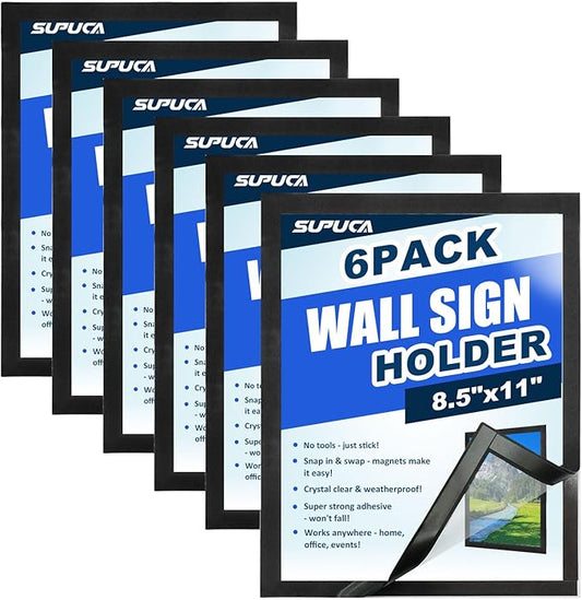 Magnetic Sign Holder & Picture Frame 8.5 x 11 - Self-Adhesive Magnetic Frames with Strong Magnet Border, Clear PVC Document/Poster/Paper Wall Mount Holder for Home Office Store, 6 Pack