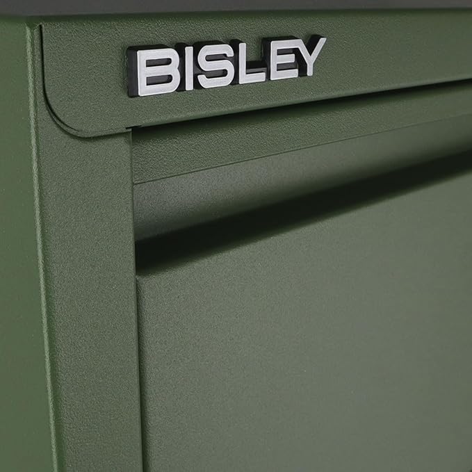Bisley 3-Drawer Flush Front Vertical File Cabinet - Olive Green, 2 Utility Drawers + 1 Hanging File Drawer, Powder-Coated Steel, Locking Bottom Drawer