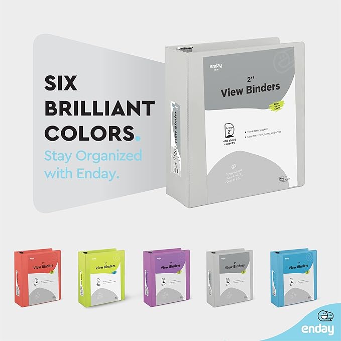 2 Inch 3 Ring Binder 2” Grey, Slant D-Ring 2 in Binder Clear View Cover with 2 Inside Pockets, Heavy Duty Colored School Supplies Office and Home Binders – by Enday