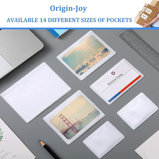 Origin-Joy 25 PCS Self-Adhesive Index Label Pockets, Clear Plastic Peel & Stick Card Holders with Top Open for Loading (7 x 5 inch)