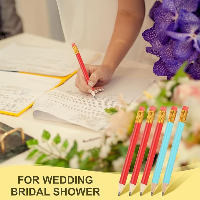 MECCANIXITY Golf Pencils with Erasers, 4" HB Mini Half Pencils Pre Sharpened Small Pens for Wedding Bridal Shower Game Office Writing Drawing(Blue/Red, Pack of 50)