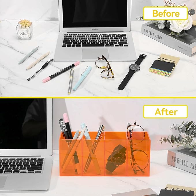 Pen Holder for Desk Neon Acrylic Pencil Holder Cup Makeup Brush Storage Organizer for Vanity, Neon Orange