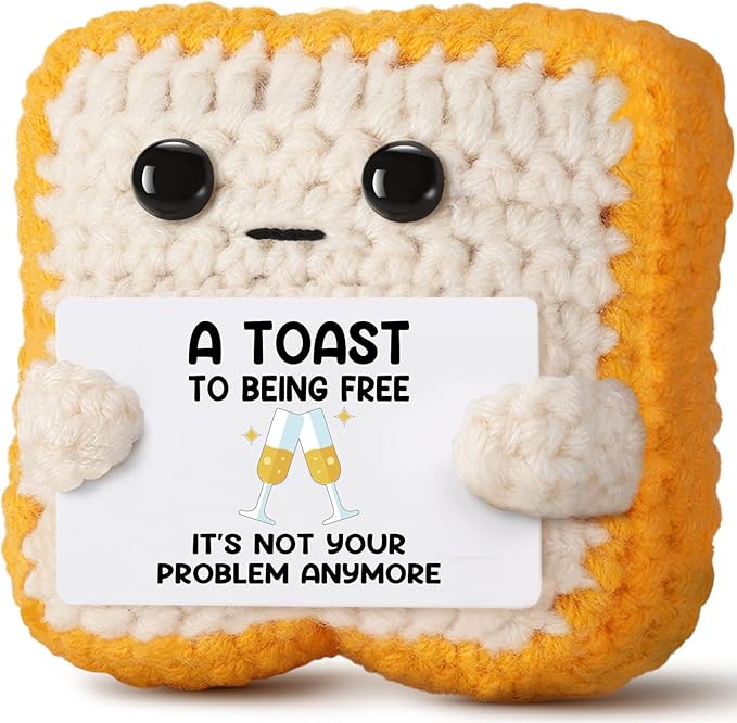Crochet Toast “A Toast to Being Free” Plush – Funny Celebration Gifts for Woman Men Best friend Coworker “It’s Not Your Problem Anymore” Card for Leaving Workor, Retirement, Divorce, Graduation Gift