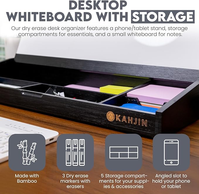 Dry Erase Desk Organizer - 16.2"x6.7"x2" with 3 Markers and 1 Eraser, KAHJIN Black Bamboo Desktop Dry Erase Board - Aesthetic Small Whiteboard for Desk Accessories at Home, Office, Cubicle, or School