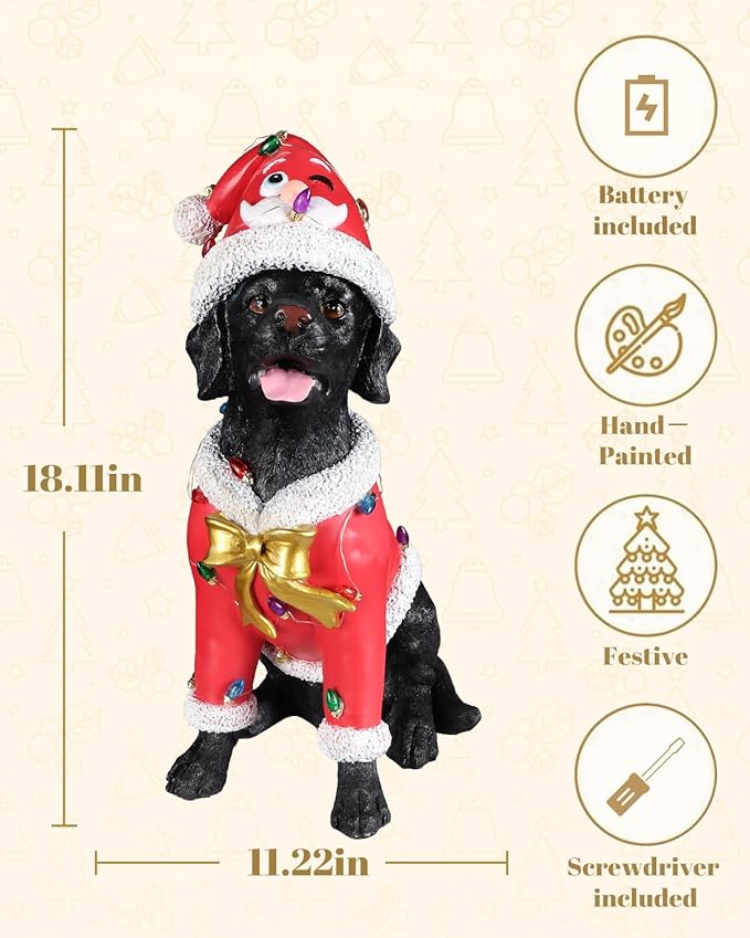 Christmas Outdoor Decoration Dog Statue, LED Light Cute Labrador Dog Sculpture with Pink Santa Outfit & Lights for Garden and Yard, Indoor Holiday Décor Gift for mom and dad