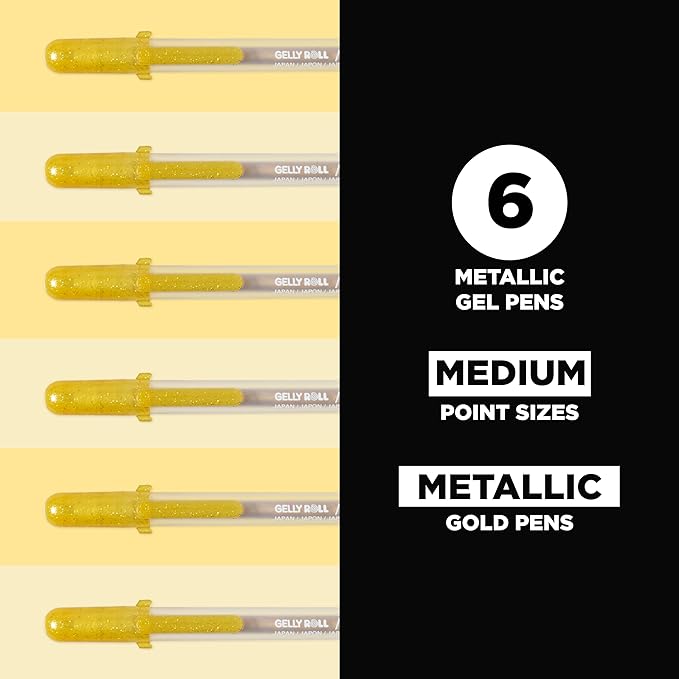 SAKURA Gelly Roll Metallic Gel Pens - Pens for Scrapbook, Journals, or Drawing - Metallic Gold Ink - Medium Line - 6 Pack
