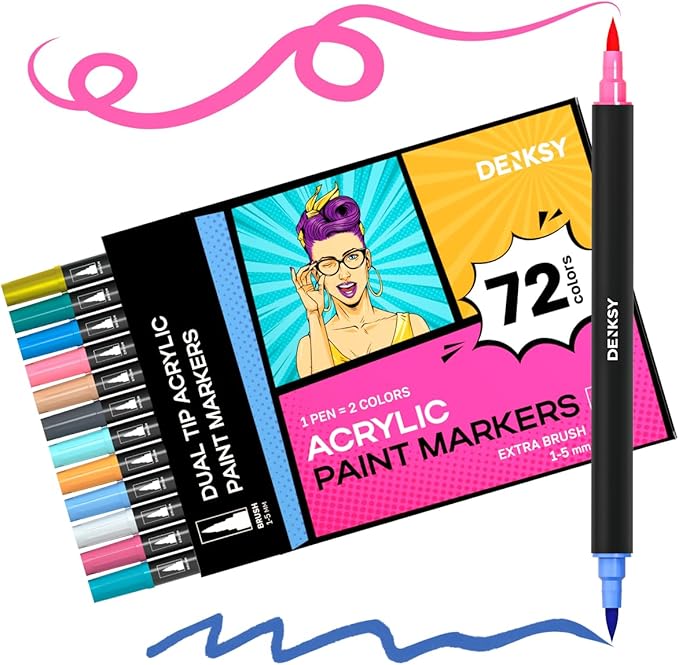 Acrylic paint pens create art – Dual Brush Tip Acrylic Markers Set, Waterproof Quick-Drying Ink for Rock Painting, Glass, Wood, Fabric (72)