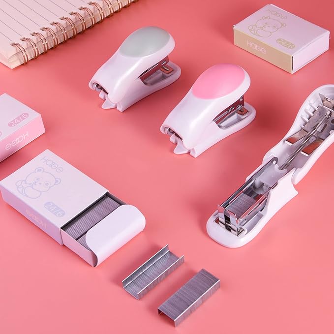NEBURORA Mini Effortless Desktop Staplers with 400 Standard 26/6 Staples, 2-24 Sheet Capacity, Includes Built-in Staple Remover, Cute Stapler Gift for Student and Office Use, 3 Colors Options (Pink)