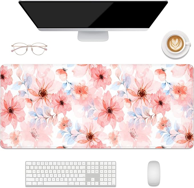 Desk Mat, 32" x 12" XXL Extended Large Gaming Mouse Pad, Desktop Decor Desk Pad, Cute Men Women Office Supplies and Accessories, XL Mouse Mat for Laptop & Keyboard, Pink Flower