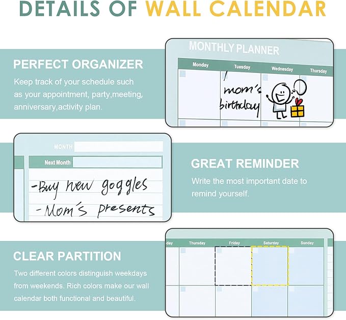 MAKELLO Dry Erase Calendar for Wall, White Board Calendar with Next Month for Office, Family, Kitchen and Bedroom, 24x18 inches