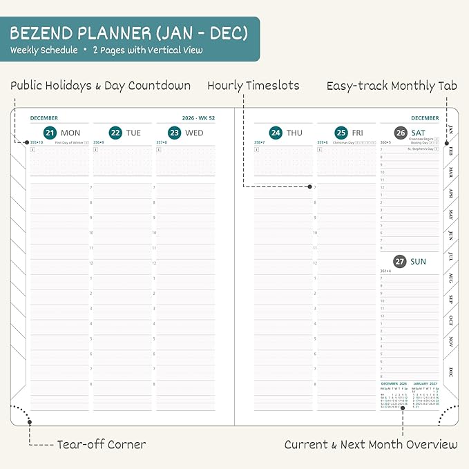 BEZEND 2026 Planner Weekly and Monthly (8.5" x 11") Daily Calendar with Half-Hourly Timeslots & Tab (Jan-Dec) Note & Expenses, Pen Holder, Inner Pocket, Vegan Leather Hardcover - Blueberry